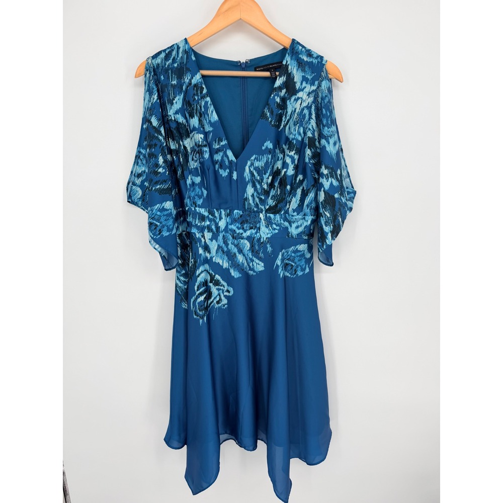 White House Black Market‎ Blue Floral Cold Shoulder Handkerchief Hem Dress 6
